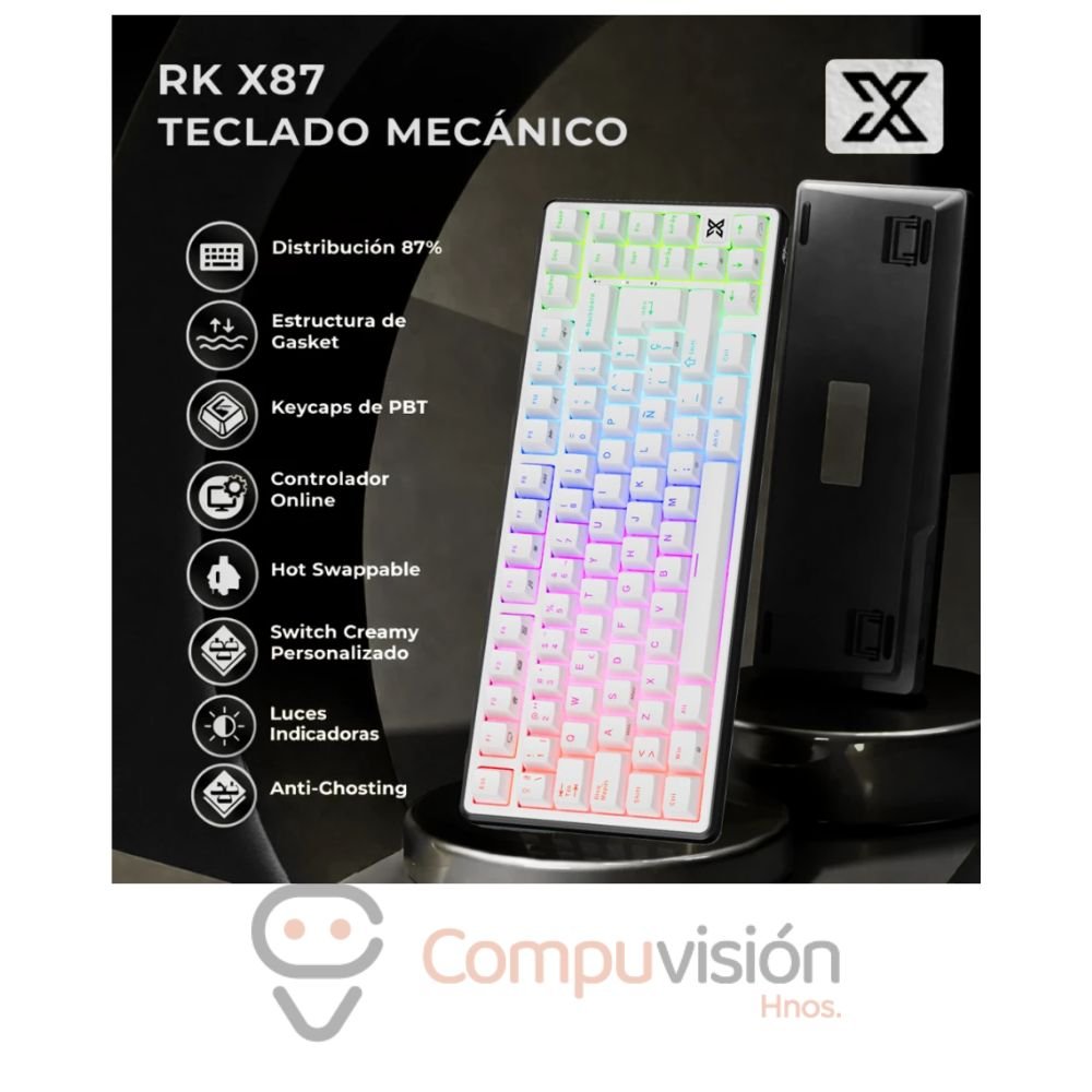 TECLADO GAMER ROYAL KLUDGE RK X87 CABLE USB BLACK/WHITE NIGHT CREAMY SWITCH CABLEADO