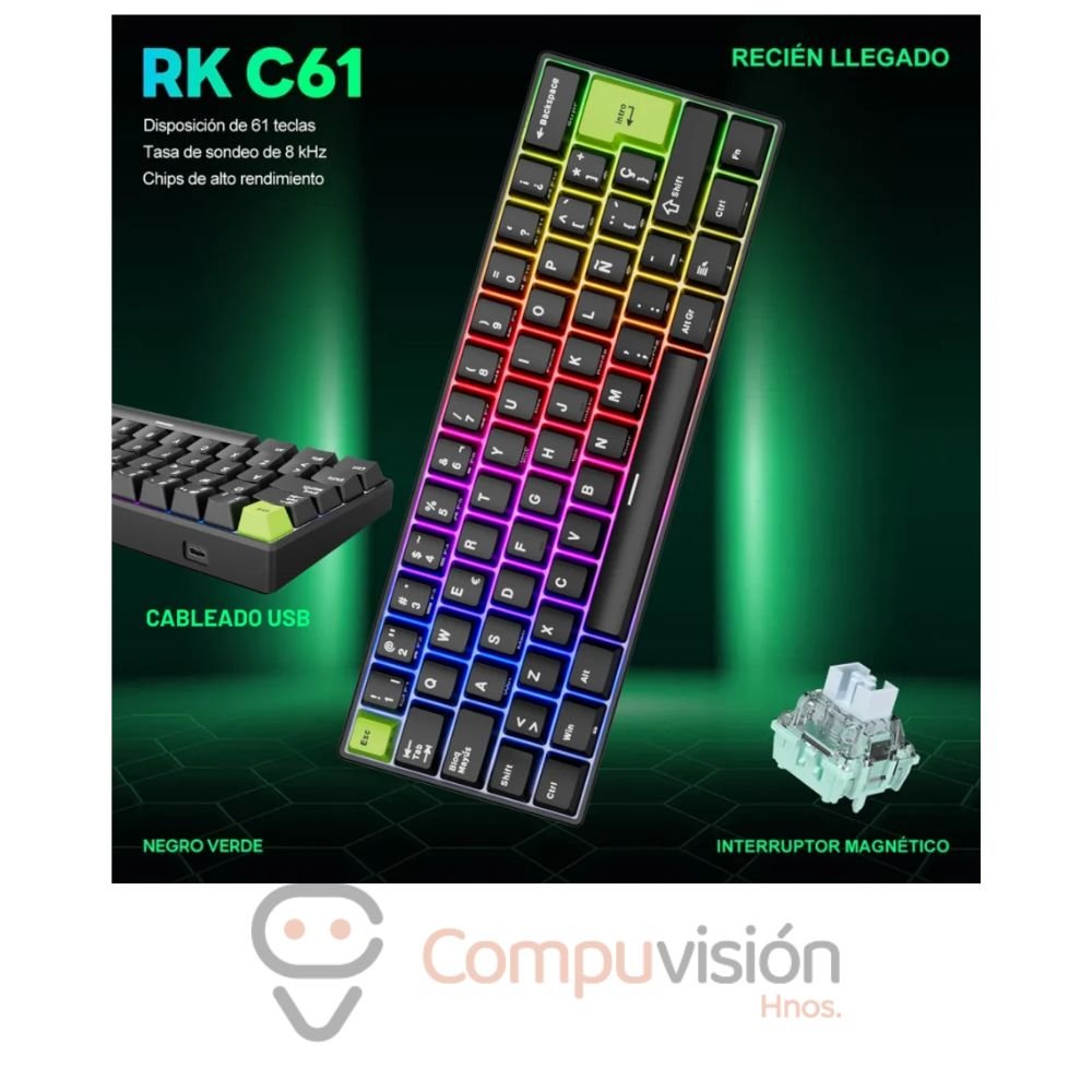 TECLADO GAMER ROYAL KLUDGE RK C61 CABLE USB ESPAÑOL BLACK GREEN-MINT MAGNETICO SWITCH