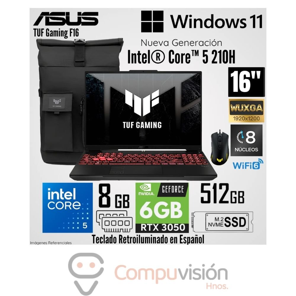 LAPTOP GAMER ASUS TUF FX607VJB-RL209 CORE 5-210H 8GB 512GB SSD GEFORCE RTX 3050 6GB 16 WUXGA 144HZ FREEDOS 90NR0MZ6-M00B80